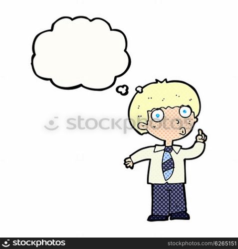 cartoon school boy with question with thought bubble