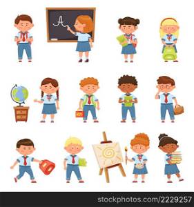 Cartoon school children in uniform. Female and male pupils doing educational activities. Girl writing on blackboard with chalk, drawing on easel, learning globe isolated vector set. Cartoon school children in uniform. Female and male pupils doing educational activities. Girl writing on blackboard