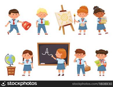 Cartoon school children in uniform, kids students with backpacks. Back to school. Happy boys and girls pupils holding books vector set. Characters painting on canvas, writing on blackboard. Cartoon school children in uniform, kids students with backpacks. Back to school. Happy boys and girls pupils holding books vector set