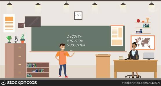 Cartoon School classroom interior,Caucasian student in the class at the chalkboard and teacher sitting at the table, flat vector illustration. School classroom interior