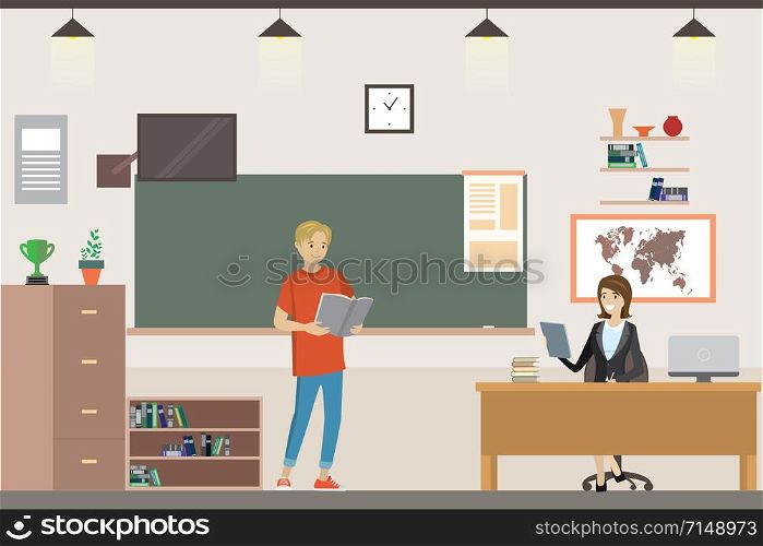 Cartoon School classroom interior,Caucasian student in the class at the chalkboard and teacher sitting at the table, flat vector illustration. Cartoon School classroom interior