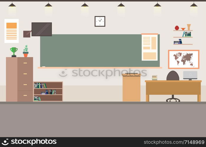 Cartoon School classroom interior, flat vector illustration. School classroom interior