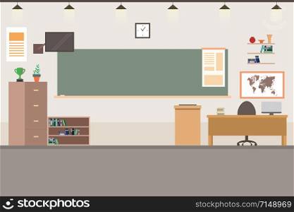 Cartoon School classroom interior, flat vector illustration. School classroom interior
