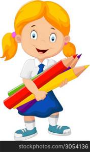 Cartoon school girl holding pencils