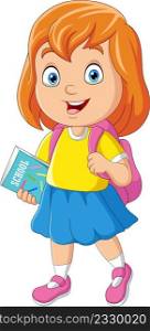Cartoon school girl with backpack and book