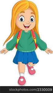 Cartoon school girl with backpack walking