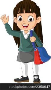 Cartoon school girl with backpack waving hand