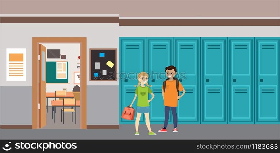 Cartoon School interior,caucasian schoolboy and schoolgirl with bags , flat vector illustration. Cartoon School interior,caucasian schoolboy and schoolgirl with