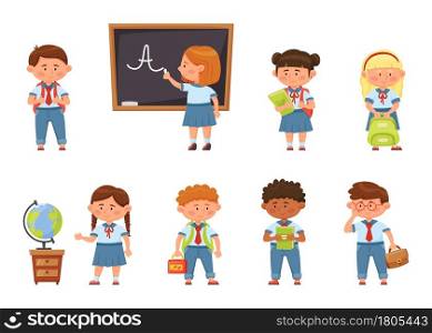 Cartoon school kids in uniform, elementary students with backpacks. Cute pupils holding books, children on first day of school vector set. Classmates holding lunch box, looking at globe. Cartoon school kids in uniform, elementary students with backpacks. Cute pupils holding books, children on first day of school vector set