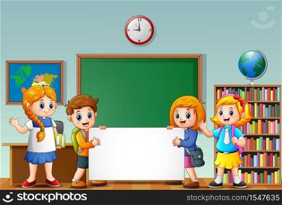 Cartoon school kids with blank sign in a classroom