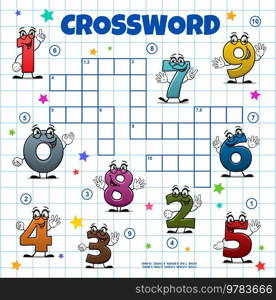 Cartoon school numbers and digits. Crossword grid. Find a word quiz game, child vocabulary puzzle, wordsearch playing activity vector worksheet with cheerful digits characters. Cartoon numbers digits crossword grid quiz game
