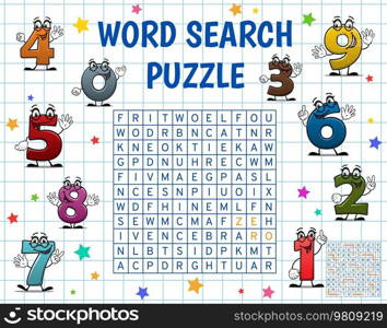 Cartoon school numbers and digits. Word search puzzle game worksheet. Child vocabulary quiz, children word search puzzle or kids playing activity vector page with cheerful and funny digits characters. Cartoon school numbers and digits wordsearch game