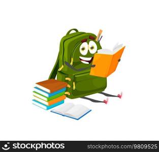 Cartoon schoolbag character reading the book. Back to school isolated vector cheerful personage, college student or school pupil funny backpack with stationery, stack of books. Cartoon schoolbag character reading the book