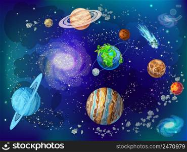 Cartoon scientific space background with planets of solar system moon comets nebulas meteors asteroids vector illustration. Cartoon Scientific Space Background