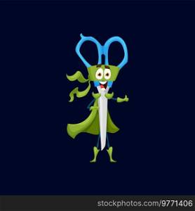 Cartoon scissors superhero character. Isolated vector educational supplies, strong powerful tool for cutting paper. Funny school or office stationery superhero personage wear green cloak and mask. Cartoon scissors superhero character, supplies