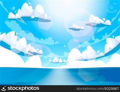 Cartoon sea and blue sky. Ocean with white curly clouds and sunrays, summer sea peaceful background, blue sea nature horizon scene. Vector illustration. Cloudscape with cumulus, idyllic scene. Cartoon sea and blue sky. Ocean with white curly clouds and sunrays, summer sea peaceful background, blue sea nature horizon scene. Vector illustration