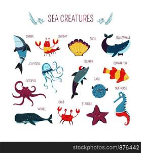 Cartoon sea animals and fish creatures for kids design. Vector funny oceanarium of whale, shark or dolphin and crab, octopus or seahorse and starfish with seashell in clothes. Sea fish and animals creatures vector cartoon design
