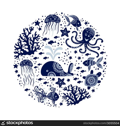 Cartoon sea animals in circle shape. Cute underwater creatures: whale, octopus, jellyfish, starfish and turtles. Perfect for greeting cards, prints and children designs. Vector nautical design.. Cartoon sea animals