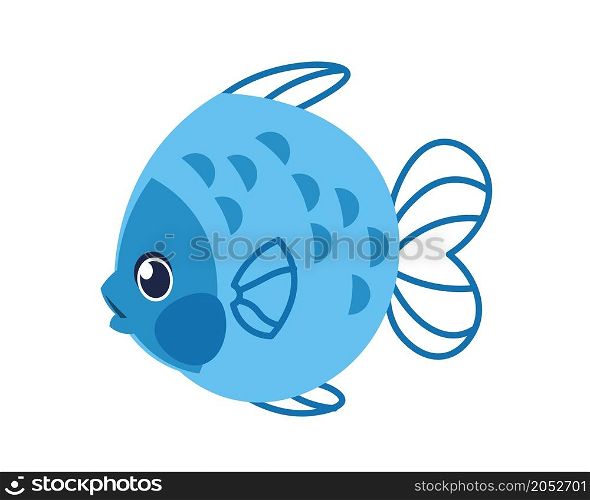 Cartoon sea fish with big eyes. Cute aquatic tropical animal. Undersea creature with fins and blue scales. Isolated aquarium swimming funny pet. Underwater exotic fauna. Vector marine nature element. Cartoon sea fish with big eyes. Cute aquatic tropical animal. Undersea creature with fins and blue scales. Aquarium swimming funny pet. Underwater fauna. Vector marine nature element