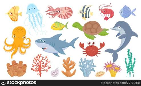 Cartoon sea life. Cute sea fish, aquatic corals, jellyfish and octopus. Funny shark and dolphin. Ocean crab, sea turtle and shrimp vector illustration set. Marine life with creatures seagrass or algae. Cartoon sea life. Cute sea fish, aquatic corals, jellyfish and octopus. Funny shark and dolphin. Ocean crab, sea turtle and shrimp vector illustration set