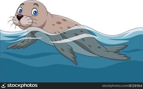 Cartoon sea lion swimming in the ocean