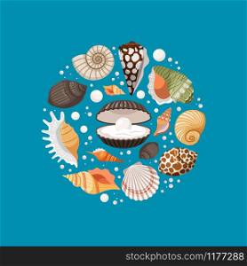 Cartoon sea shells and white pearls round banner, logo or emblem design, vector illustration. Cartoon sea shells round banner design