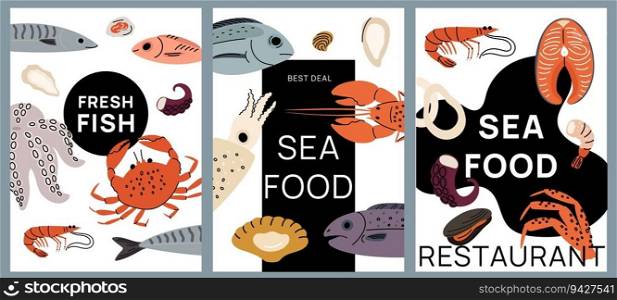 Cartoon seafood cards. Marine products banners. Fresh restaurant delicacies. Tasty fish and oyster. Natural ocean squid. Lobster and mussels. Sea food shop. Tuna or salmon cooking. Garish vector set. Cartoon seafood cards. Marine products banners. Fresh restaurant delicacies. Tasty fish and oyster. Natural ocean squid. Lobster and mussels. Tuna or salmon cooking. Garish vector set