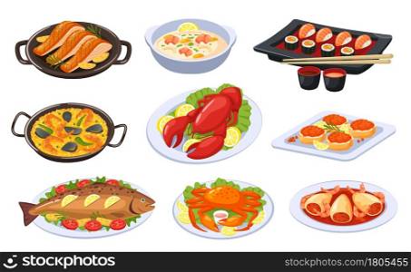 Cartoon seafood dishes, asian food and cuisine. Sushi, lobster, salmon, shrimp soup, baked fish. Delicious festive seafood dish vector set. Traditional japanese meal, restaurant presentation. Cartoon seafood dishes, asian food and cuisine. Sushi, lobster, salmon, shrimp soup, baked fish. Delicious festive seafood dish vector set