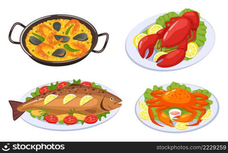 Cartoon seafood dishes. Lobster, crab, baked fish and paella with shrimps, mussels. Delicious food for restaurant or cafe menu. Crayfish with lemon slices vector set. Healthy luxury dish. Cartoon seafood dishes. Lobster, crab, baked fish and paella with shrimps, mussels. Delicious food for restaurant