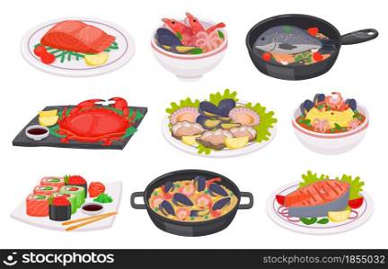 Cartoon seafood dishes with fish, octopus, shrimps and salmon steak. Sushi, crab, salad, soup and noodles with sea food on plate, vector set. Delicious meal with marine ingredients