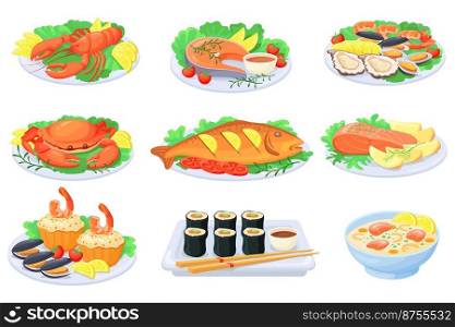 Cartoon seafood plate. Sea food dishes, cooking fish barbecue, dinner salmon, mediterranean shrimp, cooked lobster lunch, crab salad, steak octopus set vector. Illustration of dish seafood collection. Cartoon seafood plate. Sea food dishes, cooking fish barbecue, dinner baked salmon, mediterranean shrimp, cooked lobster lunch, crab salad, steak octopus set neat vector