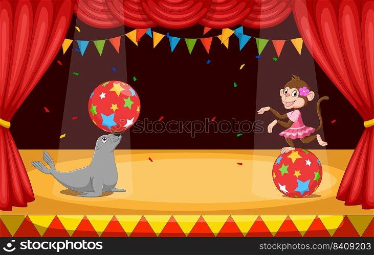 Cartoon seal and monkey performing ball balance on stage