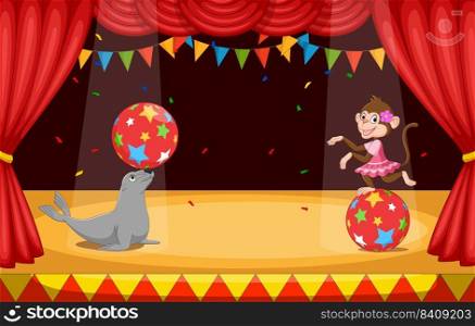 Cartoon seal and monkey performing ball balance on stage