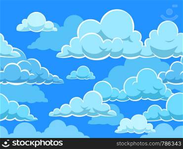 Cartoon seamless clouds background. Pattern with blue cloudy sky. Cloudscape panorama, cute kids wallpaper or cloth vector texture for illustration of overcast flat fluffy cloudiness. Cartoon seamless clouds background. Pattern with blue cloudy sky. Cloudscape panorama, cute kids wallpaper or cloth vector texture