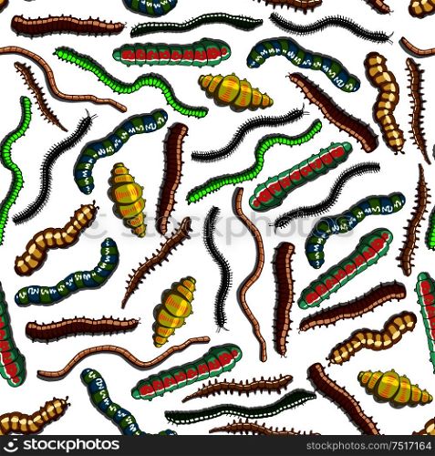 Cartoon seamless colorful worms, caterpillars, lavras and centipedes pattern with green, yellow and brown crawling insects on white background. Use as nature backdrop or scrapbook page design. Seamless colorful crawling insects pattern