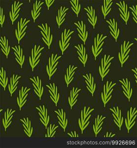 Cartoon seamless herbal pattern with green rosemary ornament. Dark background. Designed for fabric design, textile print, wrapping, cover. Vector illustration.. Cartoon seamless herbal pattern with green rosemary ornament. Dark background.