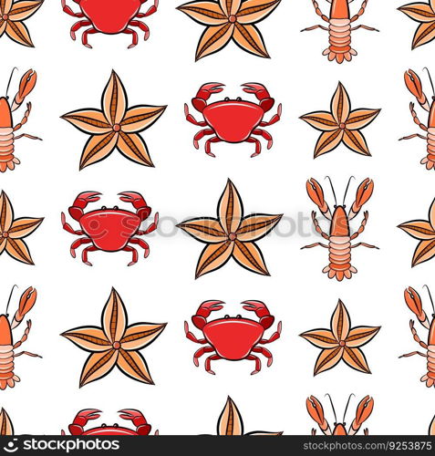 Cartoon seamless pattern isolated on white background with crab, langouste seashell crustacean and starfish. Textile print or nursery wallpaper vector template. Sea fish, nautical animal wildlife