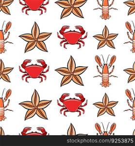 Cartoon seamless pattern isolated on white background with crab, langouste seashell crustacean and starfish. Textile print or nursery wallpaper vector template. Sea fish, nautical animal wildlife