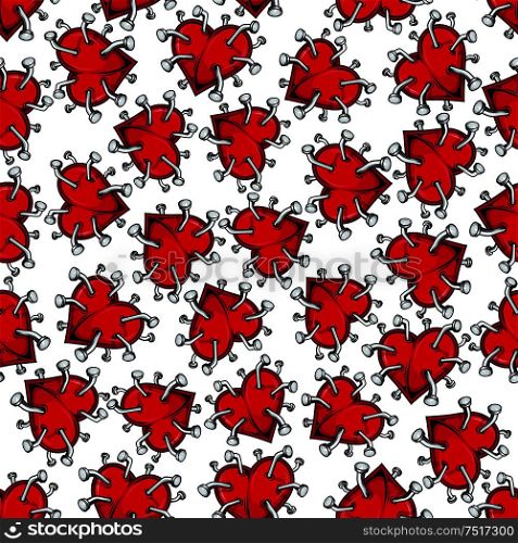 Cartoon seamless pattern of broken hearts for unhappy love, healthcare and scrapbook page backdrop design with bright red heart pierced by iron nails with curved heads on white background. Spiky broken hearts with nails seamless pattern