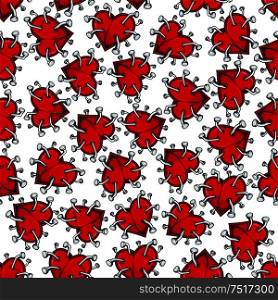 Cartoon seamless pattern of broken hearts for unhappy love, healthcare and scrapbook page backdrop design with bright red heart pierced by iron nails with curved heads on white background. Spiky broken hearts with nails seamless pattern
