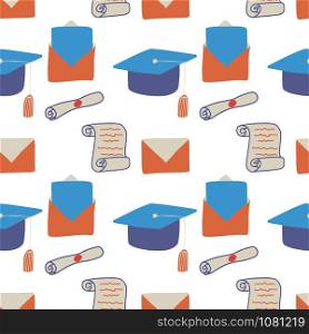 Cartoon seamless pattern with blue bachelor hat, manuscript on white background. Diploma illustration. Vector vintage pattern. Graduate academic cap. Education, academic degree.. Seamless pattern with blue bachelor hat, manuscript