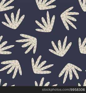 Cartoon seamless pattern with doodle light grey foliage simple shapes. Navy blue background. Simple design. Decorative backdrop for fabric design, textile print, wrapping, cover. Vector illustration. Cartoon seamless pattern with doodle light grey foliage simple shapes. Navy blue background. Simple design.