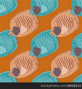 Cartoon seamless scrapbook pattern with beige and blue outline butterfly fish print. Orange background. Decorative backdrop for fabric design, textile print, wrapping, cover. Vector illustration.. Cartoon seamless scrapbook pattern with beige and blue outline butterfly fish print. Orange background.