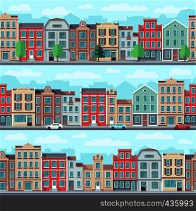 Cartoon seamless street with old apartment buildings, trees and cars vector set. House building cityscape, architecture landscape illustration. Cartoon seamless street with old apartment buildings, trees and cars vector set