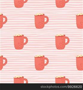 Cartoon seamless xmas pattern with hygge pink cocoa cup with marshmallow. Striped background. Great for fabric design, textile print, wrapping, cover. Vector illustration. Cartoon seamless xmas pattern with hygge pink cocoa cup with marshmallow. Striped background.
