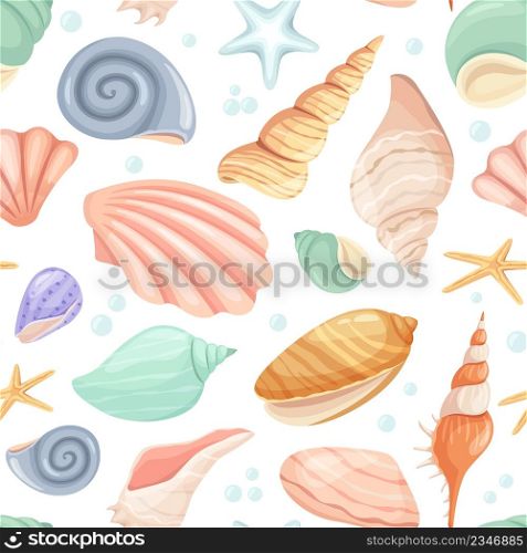 Cartoon seashell and starfish seamless pattern, tropical ocean. Clam, oyster shells, marine mollusk, summer beach seashells vector texture. Underwater cockle and conch for wallpaper. Cartoon seashell and starfish seamless pattern, tropical ocean. Clam, oyster shells, marine mollusk, summer beach seashells vector texture