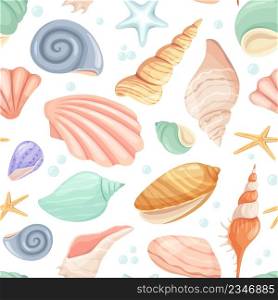 Cartoon seashell and starfish seamless pattern, tropical ocean. Clam, oyster shells, marine mollusk, summer beach seashells vector texture. Underwater cockle and conch for wallpaper. Cartoon seashell and starfish seamless pattern, tropical ocean. Clam, oyster shells, marine mollusk, summer beach seashells vector texture