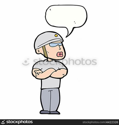 cartoon security guard with speech bubble