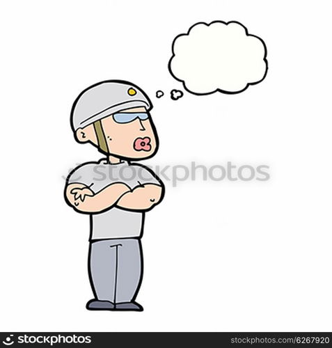 cartoon security guard with thought bubble