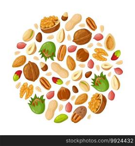 Cartoon seeds and nuts. Almond, peanut, cashew, sunflower seeds, hazelnut and pistachio. Nut food vector illustration set. Healthy and organic eating. Natural, tasty snack mix with shells. Cartoon seeds and nuts. Almond, peanut, cashew, sunflower seeds, hazelnut and pistachio. Nut food vector illustration set